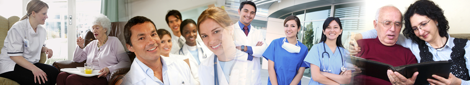 group of nurses and doctors, caregiver and elder